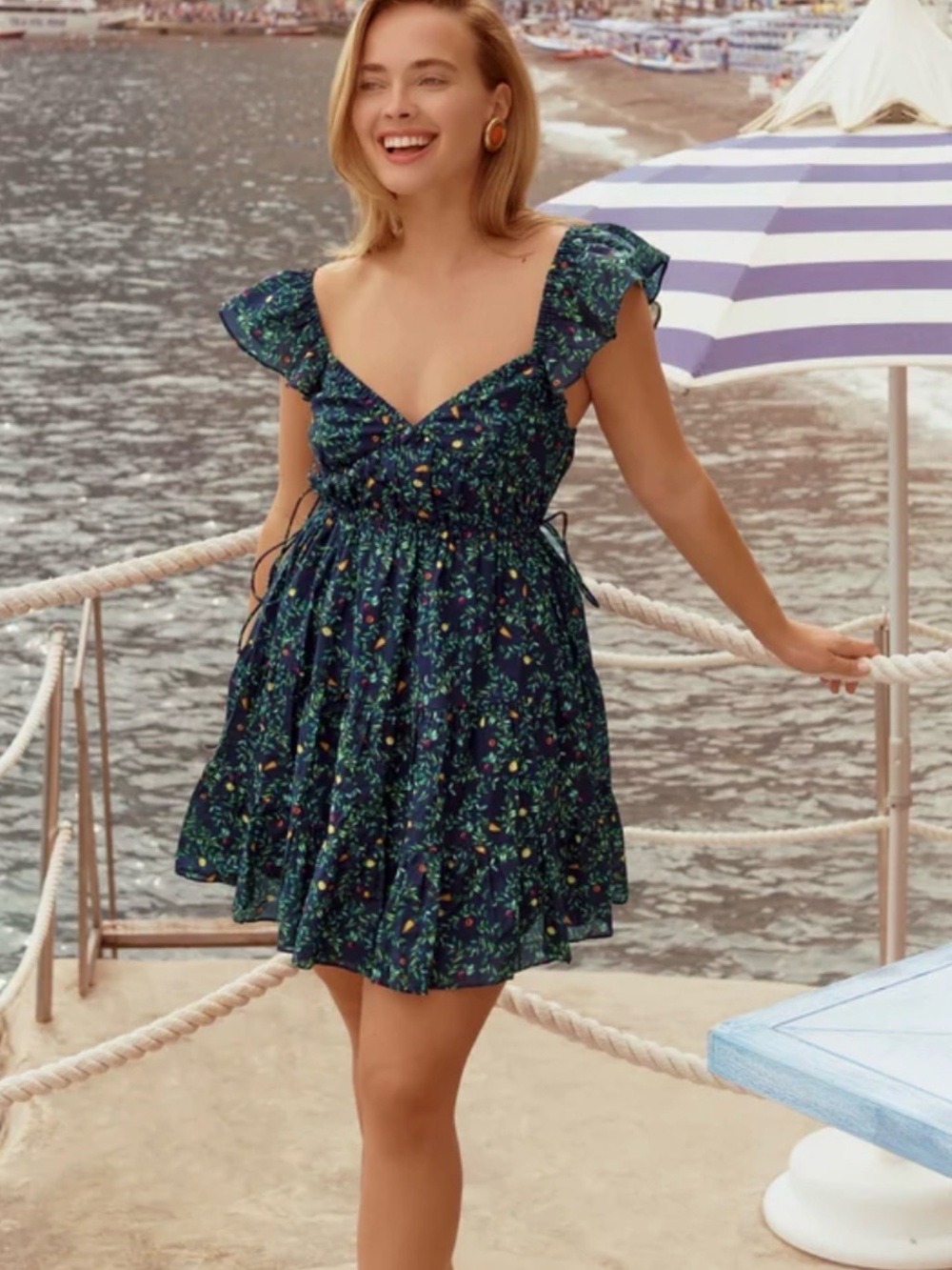 Hill House Floral Mini Dress in Navy with Green and Yellow Accents